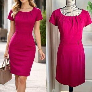 H&M Pleated Short Sleeve Sheath Dress Magenta Pink Sz 6